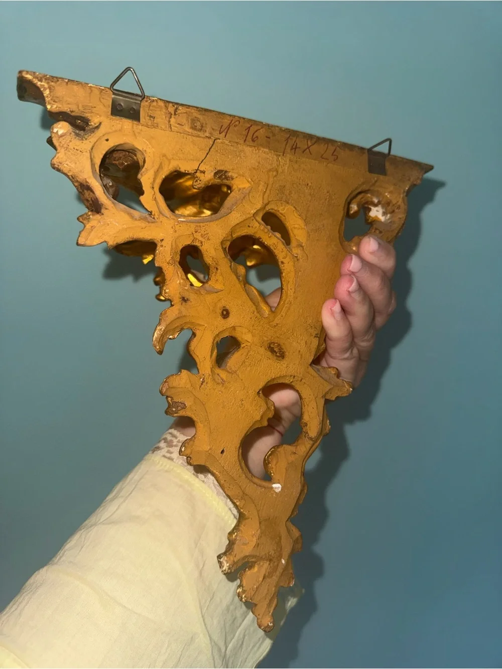 Antique Italian Rococo Style Wall Bracket Shelves Carved Wood Gold Gilded Set 2